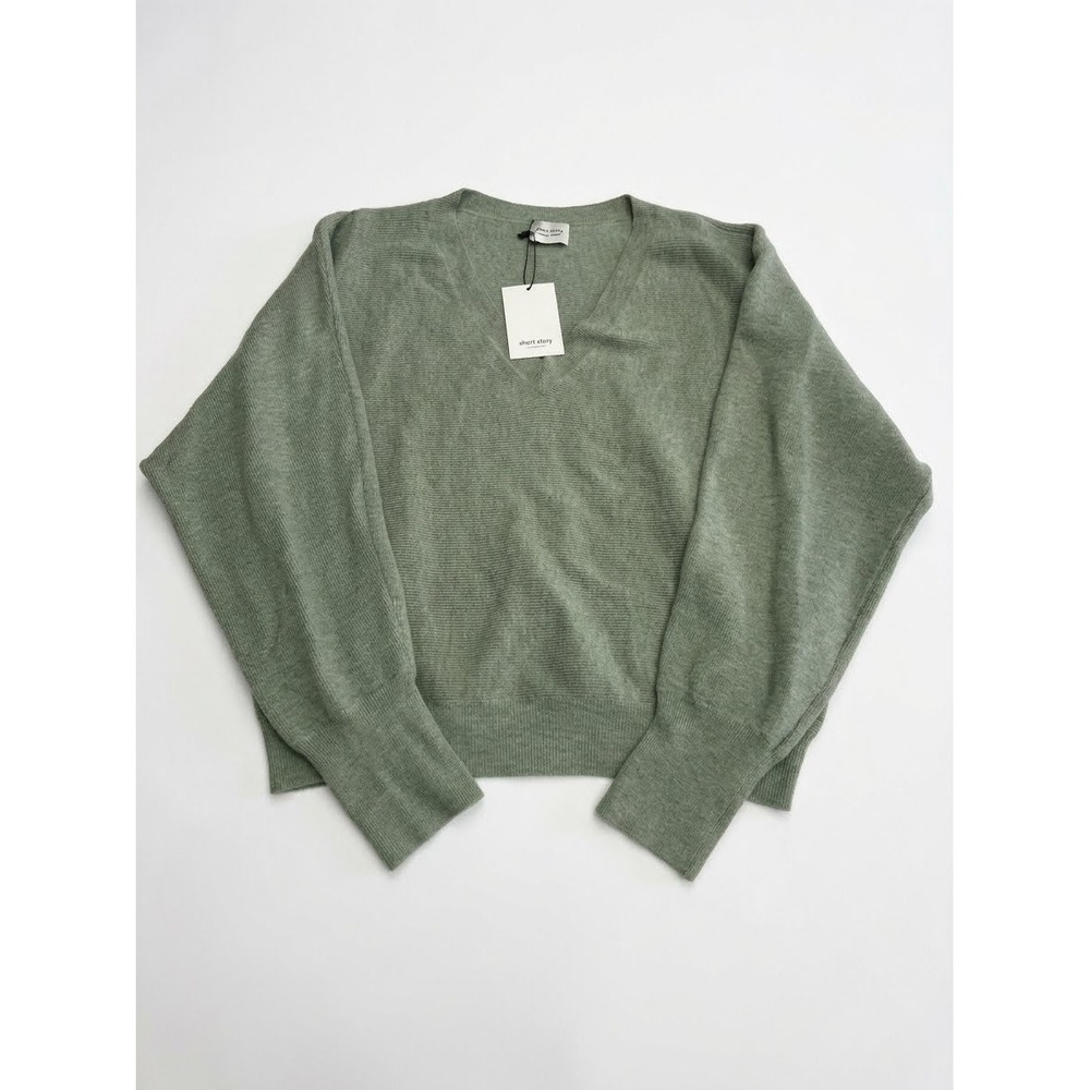 NWT Short Story Sweater Women LP/XLP Green New V-Neck Ribbed Petite Long Sleeve